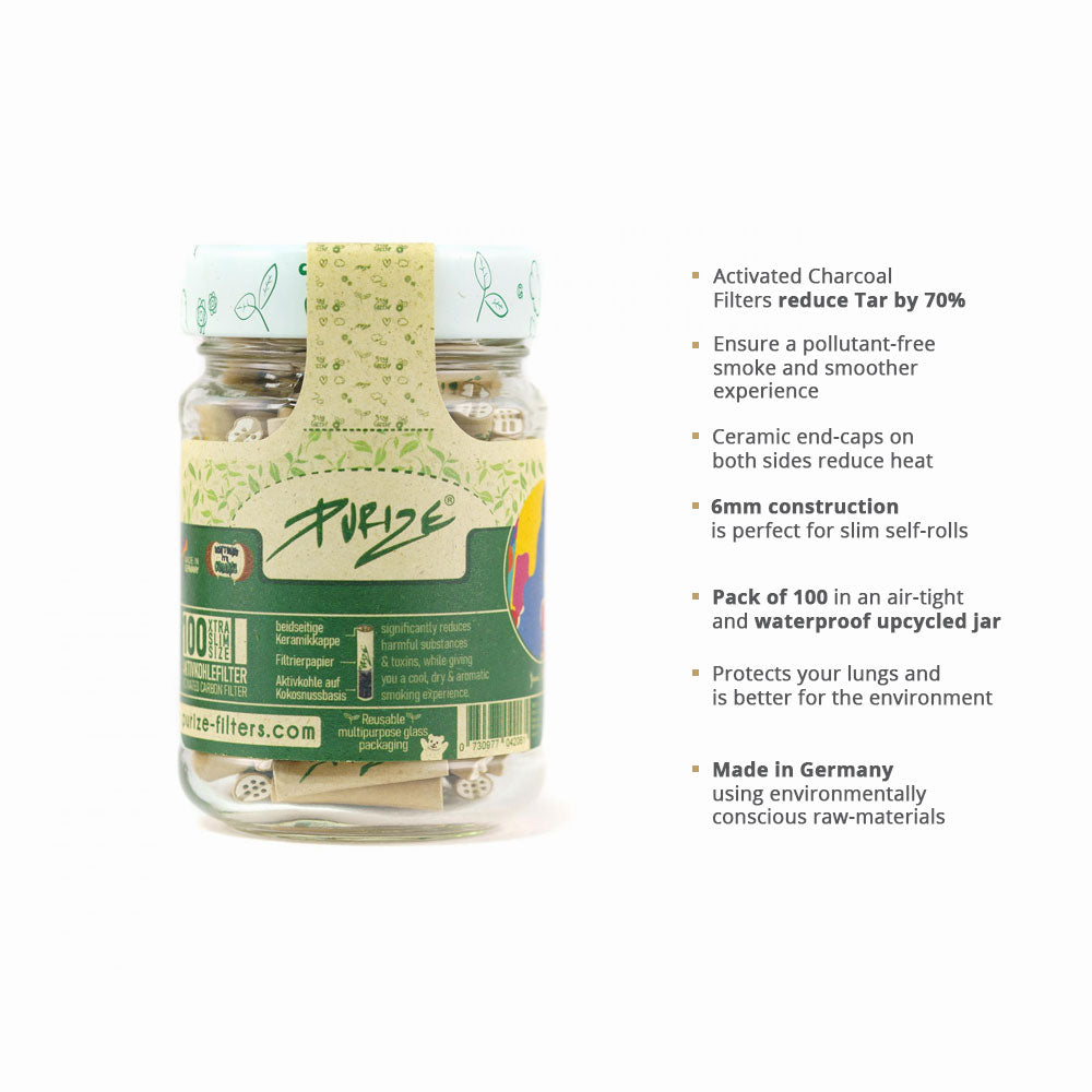 Purize XTRA Slim Filters in Glass Jar β 100-Pack of Eco Carbon Smoking Tips