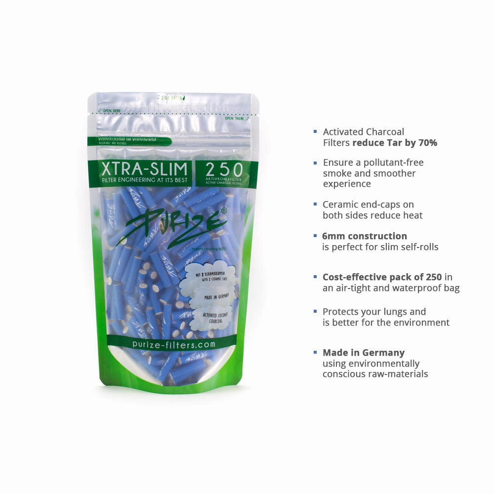 PURIZE®️ XTRA Slim Size XXL Pack – 250 Yellow Charcoal Filters for Rolling