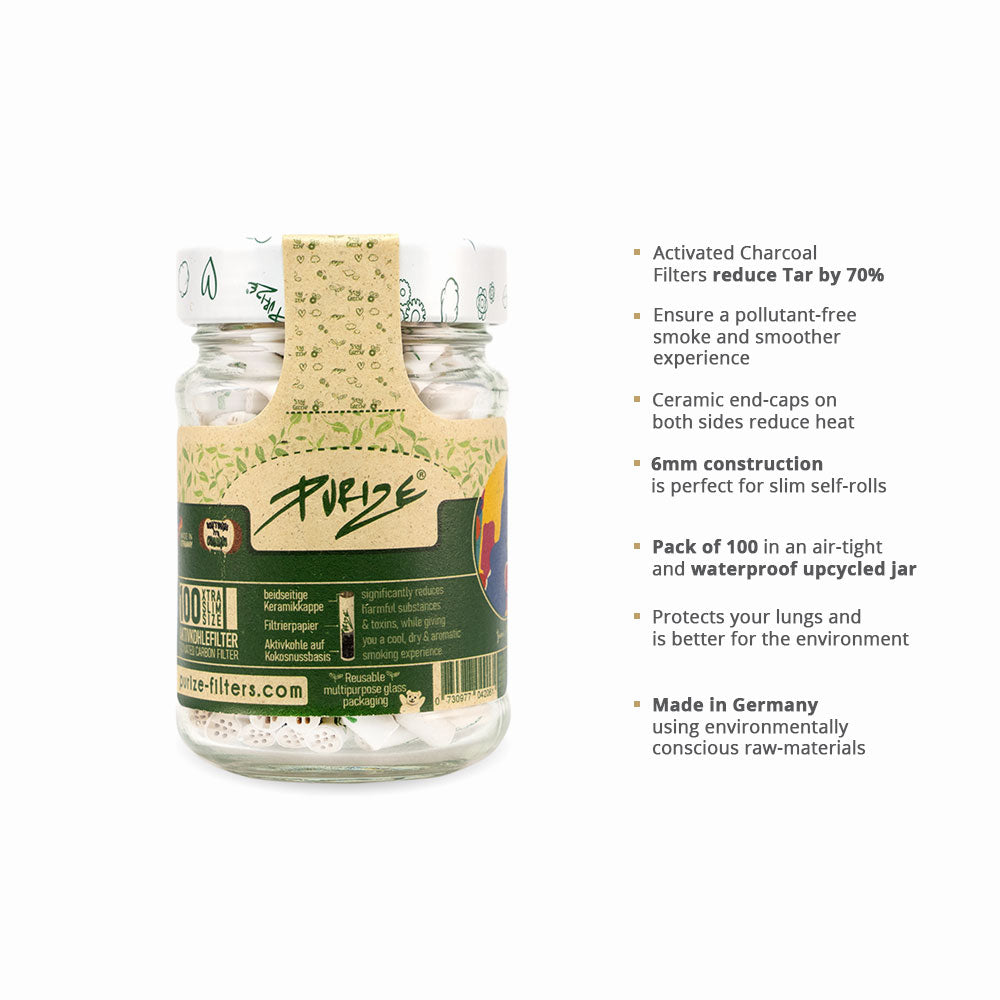 Purize XTRA Slim Filters in Glass Jar – 100-Pack of Eco Carbon Smoking Tips